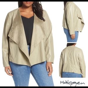 HALOGEN FAUX LEATHER DRAPE FRONT JACKET